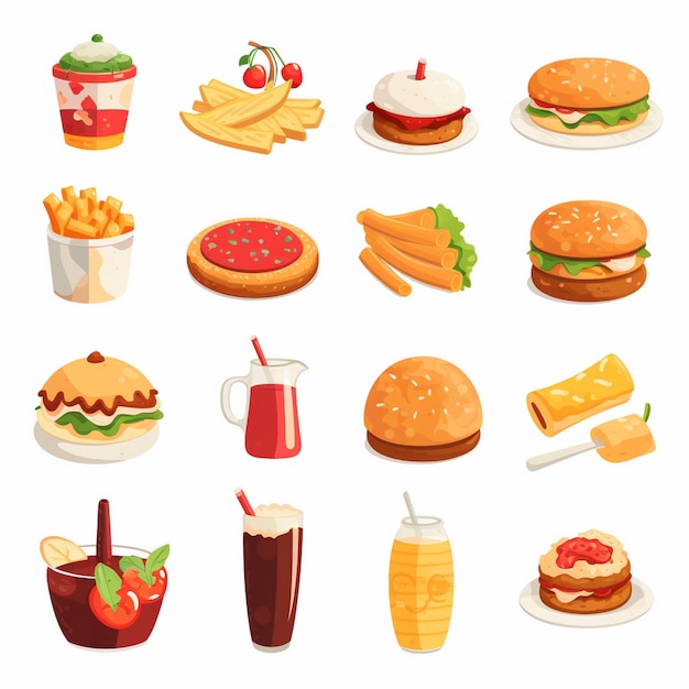 diseño vectorial de alimentos icono de menú de restaurante ilustración de hamburguesa pizza conjunto de comida bebida gráfica