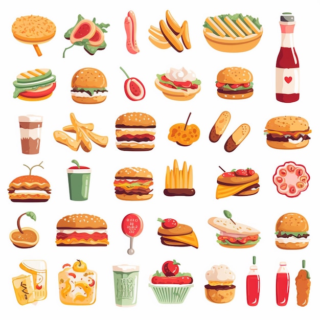 diseño vectorial de alimentos icono de menú de restaurante ilustración de hamburguesa pizza conjunto de comida bebida gráfica