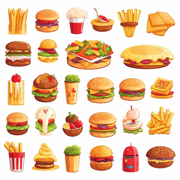 diseño vectorial de alimentos icono de menú de restaurante ilustración de hamburguesa pizza conjunto de comida bebida gráfica