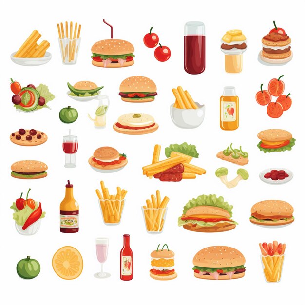 diseño vectorial de alimentos icono de menú de restaurante ilustración de hamburguesa pizza conjunto de comida bebida gráfica