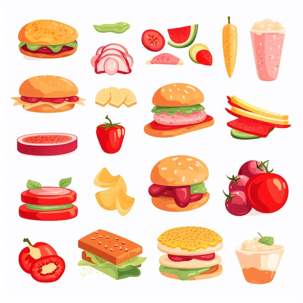diseño vectorial de alimentos icono de menú de restaurante ilustración de hamburguesa pizza conjunto de comida bebida gráfica
