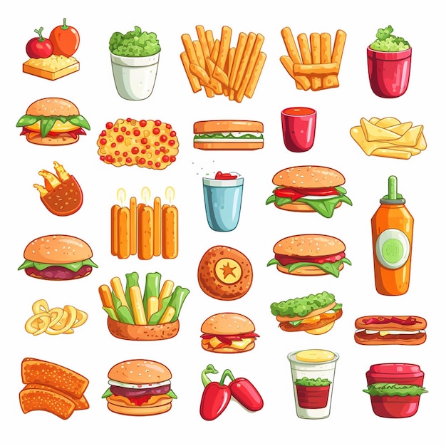 diseño vectorial de alimentos icono de menú de restaurante ilustración de hamburguesa pizza conjunto de comida bebida gráfica