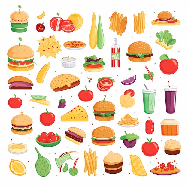 diseño vectorial de alimentos icono de menú de restaurante ilustración de hamburguesa pizza conjunto de comida bebida gráfica