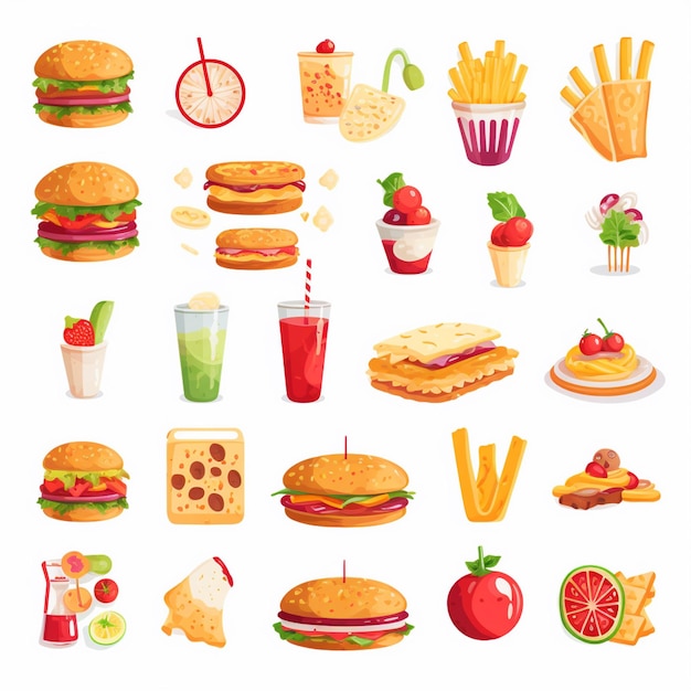 diseño vectorial de alimentos icono de menú de restaurante ilustración de hamburguesa pizza conjunto de comida bebida gráfica