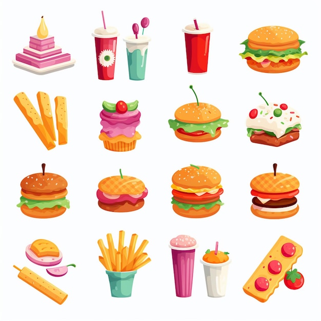 diseño vectorial de alimentos icono de menú de restaurante ilustración de hamburguesa pizza conjunto de comida bebida gráfica