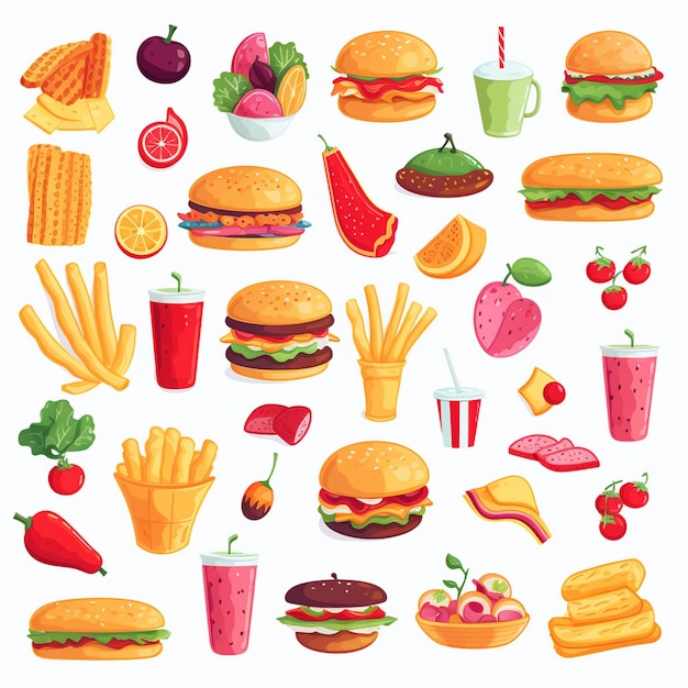 diseño vectorial de alimentos icono de menú de restaurante ilustración de hamburguesa pizza conjunto de comida bebida gráfica