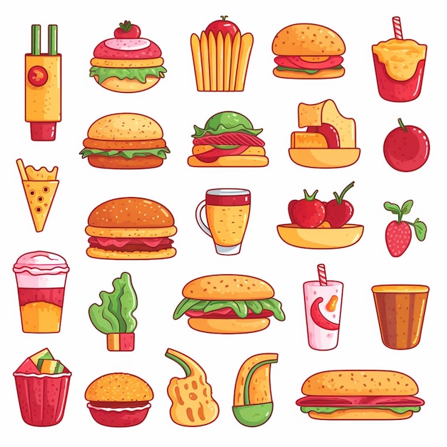 diseño vectorial de alimentos icono de menú de restaurante ilustración de hamburguesa pizza conjunto de comida bebida gráfica
