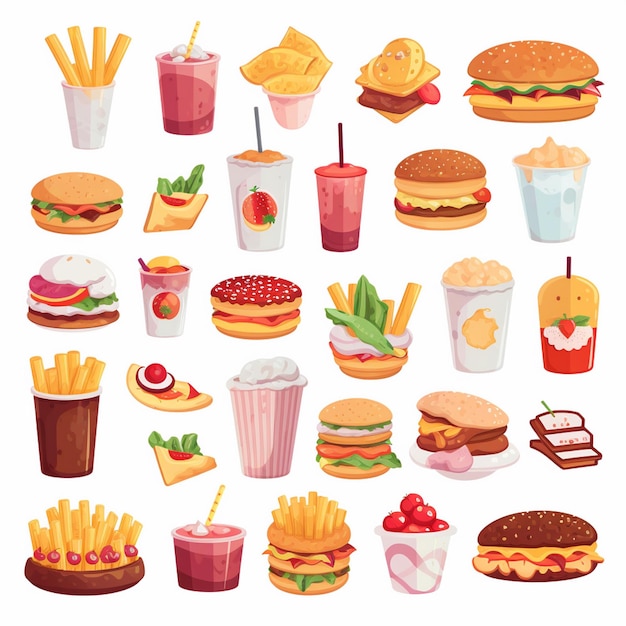 diseño vectorial de alimentos icono de menú de restaurante ilustración de hamburguesa pizza conjunto de comida bebida gráfica