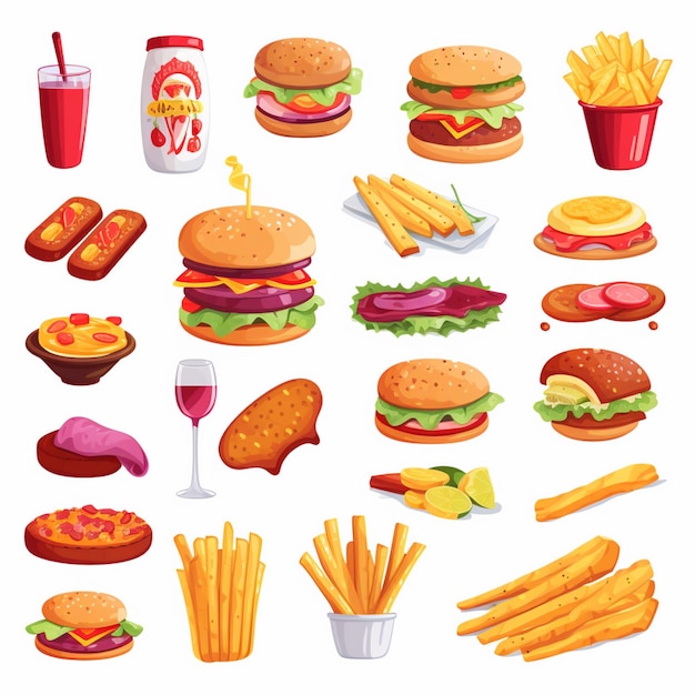 diseño vectorial de alimentos icono de menú de restaurante ilustración de hamburguesa pizza conjunto de comida bebida gráfica