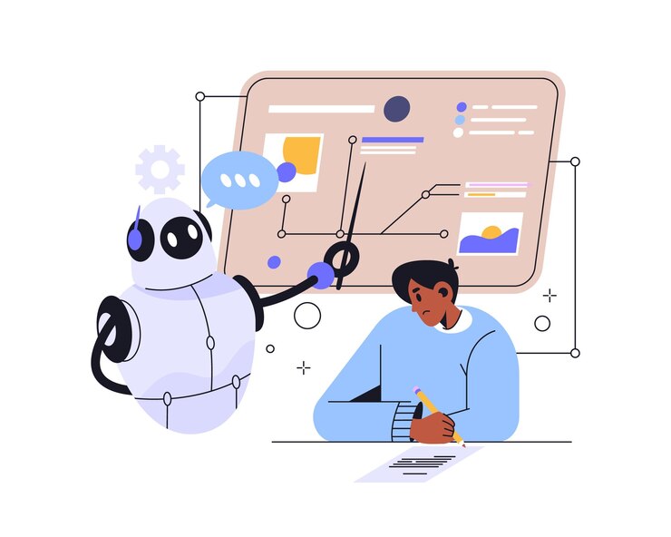 Vector diseño vectorial para el aprendizaje en línea concepto de estudio inteligencia artificial o ilustración del maestro de ia