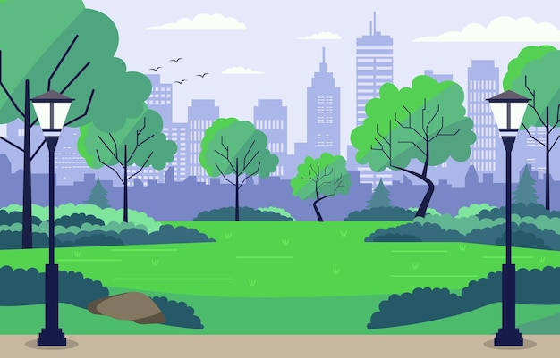 Diseño vectorial de árboles verdes en el parque de la ciudad con el edificio Cityscape en un día brillante
