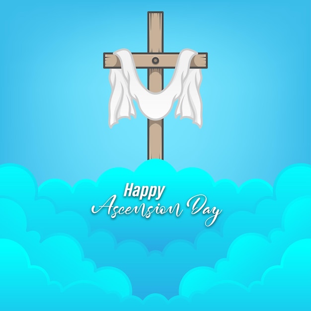 Diseño vectorial de la Ascensión de Jesucristo con cruz y túnica en nubes en composición cuadrada