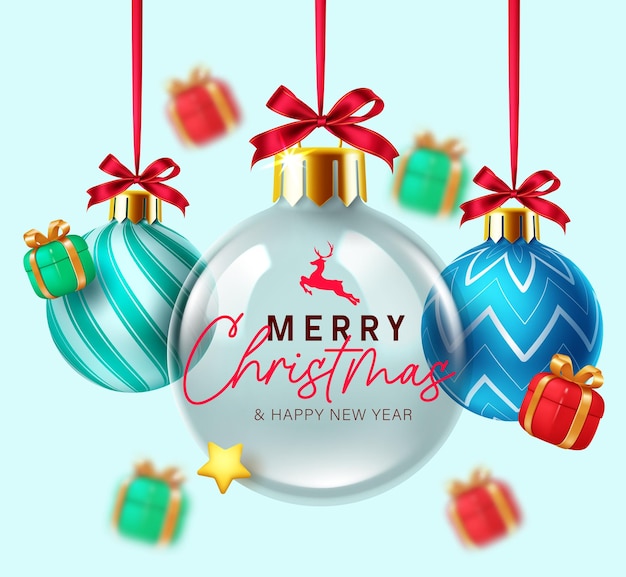 Diseño vectorial de bola de vidrio de Navidad Feliz Navidad y feliz año nuevo texto de felicitación