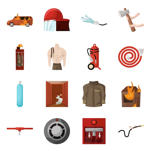 Diseño vectorial de bomberos y símbolo de fuego. Colección de bomberos y equipo conjunto