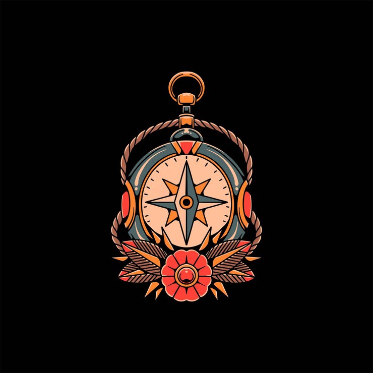 Vector diseño vectorial de brújula y tatuaje de flores
