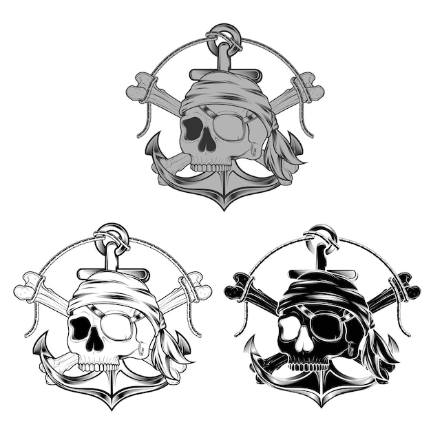 Diseño vectorial de calaveras piratas en blanco y negro