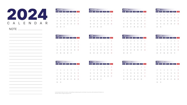 Diseño vectorial de calendario 2024 comenzando la semana con el lunes