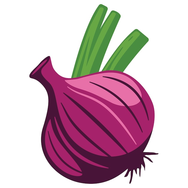 Diseño vectorial de cebolla roja fresca redonda entera Vegetables alimenticios con hojas