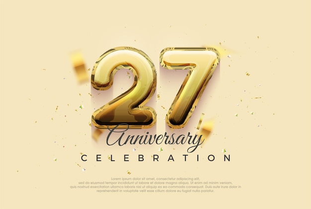 Diseño vectorial de celebración del 27 aniversario con ilustraciones de globos dorados brillantes Fondo vectorial premium para saludos y celebraciones