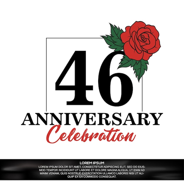 Diseño vectorial de celebración del 46 aniversario con flor rosa roja y fondo blanco