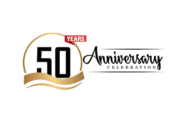Diseño vectorial de celebración del 50 aniversario con color dorado negro y rojo sobre fondo blanco
