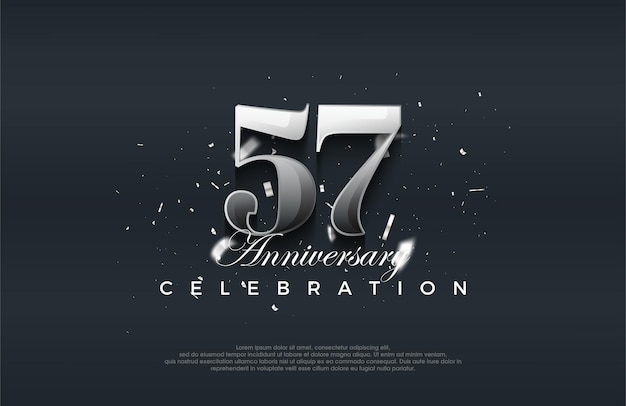 Diseño vectorial de celebración del 57 aniversario brillante metálico plateado fondo vectorial premium para saludos y celebraciones