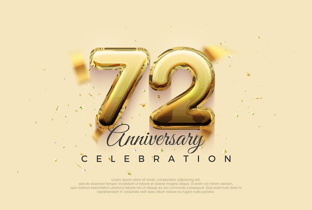 Diseño vectorial de celebración del 72 aniversario con ilustración de globos dorados brillantes Fondo vectorial premium para saludo y celebración