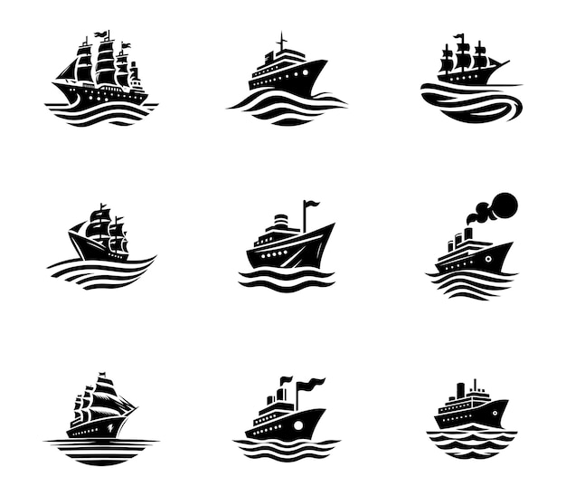 Diseño vectorial de la colección de plantillas de diseño de logotipos de buques Buque con logotipo de elemento de olas Conjunto de logotipios de buques de crucero