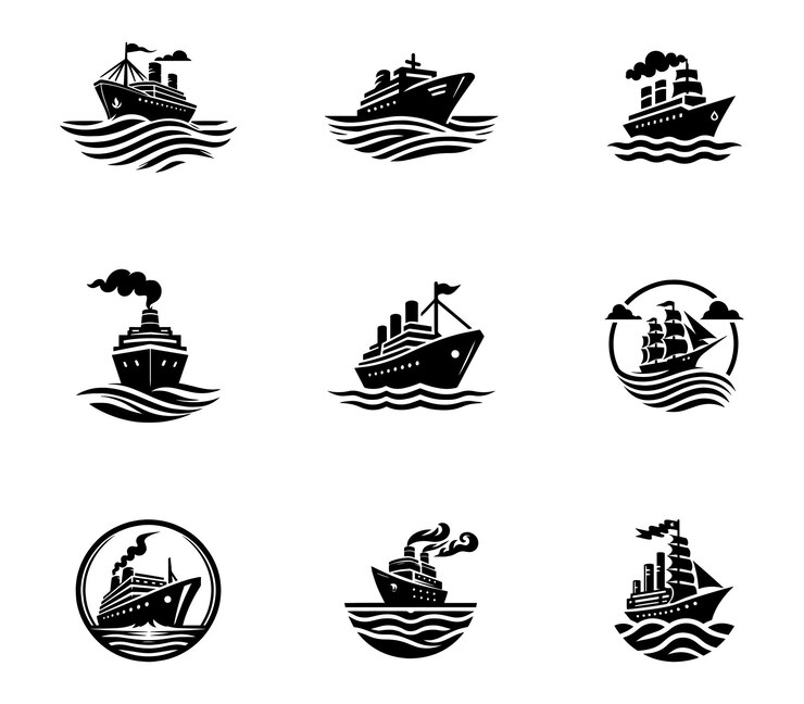 Diseño vectorial de la colección de plantillas de diseño de logotipos de buques Buque con logotipo de elemento de olas Conjunto de logotipios de buques de crucero