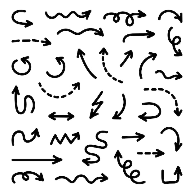 Diseño vectorial del conjunto de iconos de la colección de flechas de Doodle con puntos dibujados a mano