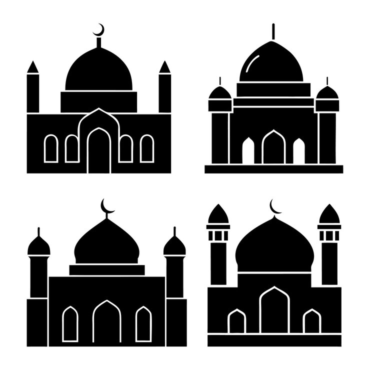 El diseño vectorial del conjunto de siluetas de los íconos de las mezquitas de Eid Mubarak