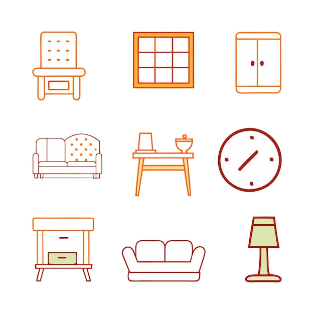 Diseño vectorial de conjuntos de iconos de la línea de muebles
