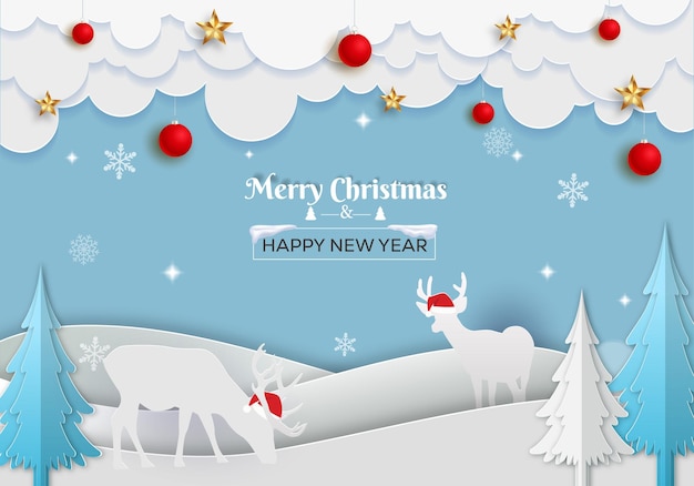 Diseño vectorial de corte de papel de Navidad Feliz Navidad y Feliz Año Nuevo texto con nieve