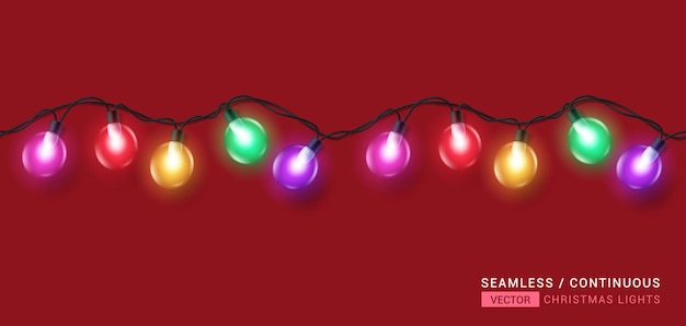 Diseño vectorial sin costuras de luces navideñas. luz navideña continua y sin costuras con destellos coloridos