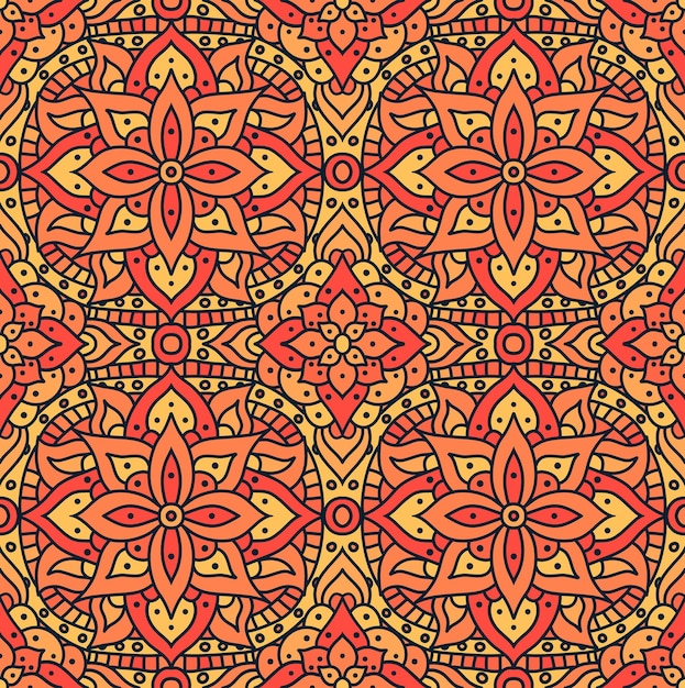 Diseño vectorial sin costuras con patrón de mandala indio Patrón sin costuras vectorial para tela Estampado floral naranja abstracto oriental