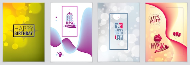 Diseño vectorial de cumpleaños para tarjetas de felicitación. Incluye composición de letras y globos combinados con una colección de fondos abstractos de forma colorida y fluida ondulada. Formato A4 con colores CMYK aceptables para