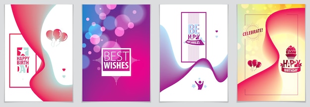 Diseño vectorial de cumpleaños para tarjetas de felicitación. Incluye composición de letras y globos combinados con fluidos ondulados de forma colorida colección de fondos abstractos. Formato A4 con colores CMYK aceptables para