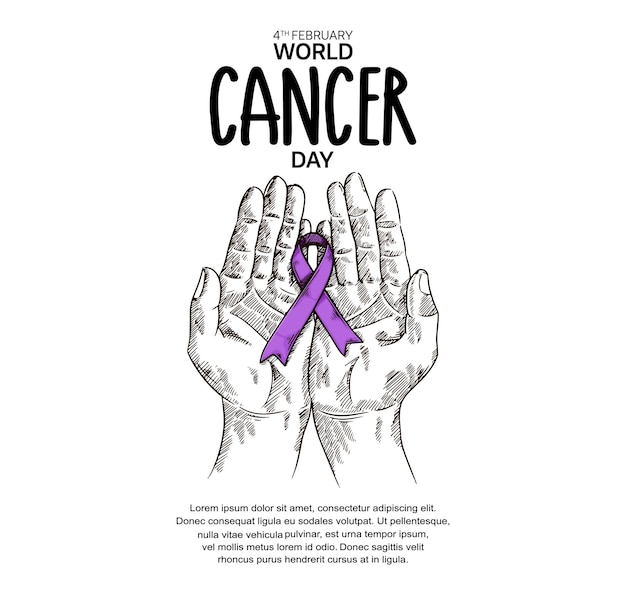 Diseño vectorial del Día Mundial contra el Cáncer con cinta de mano para campaña y afiche