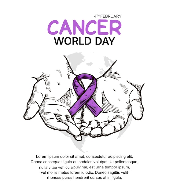Diseño vectorial del Día Mundial contra el Cáncer con mano e ilustración de cinta para campaña y afiche