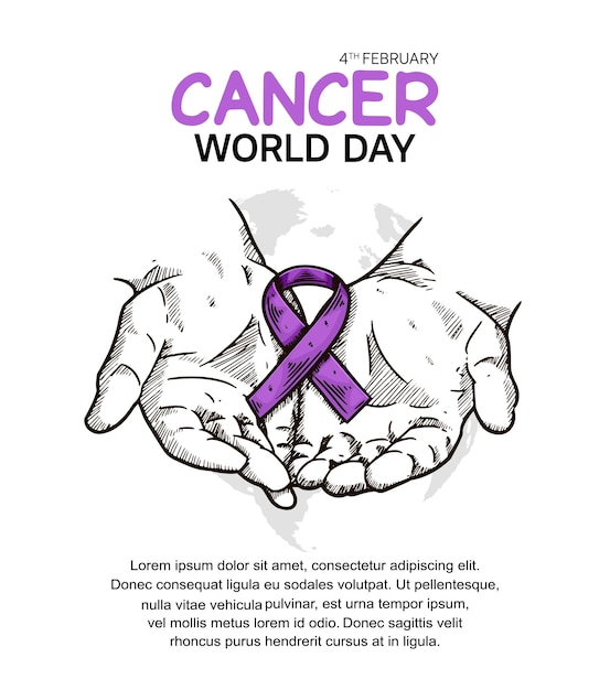 Diseño vectorial del día mundial contra el cáncer con mano e ilustración de cinta para campaña y afiche