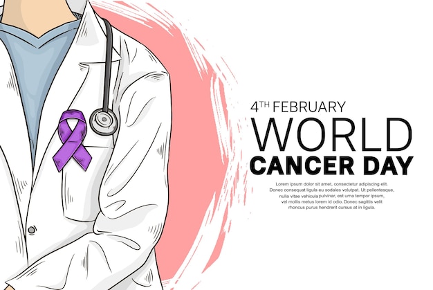 Diseño vectorial del Día Mundial contra el Cáncer con un médico que lleva ilustración de cinta para la campaña y el afiche