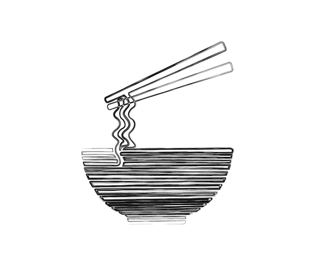 Diseño vectorial de dibujo estilizado con pincel de tinta con contorno de fideos mínimos en el cuenco