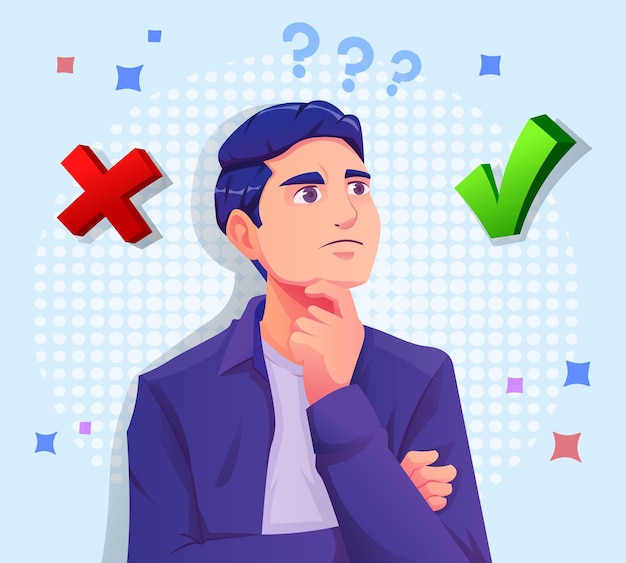 Diseño vectorial de dibujos animados de un hombre pensando en elegir la opción sí o no