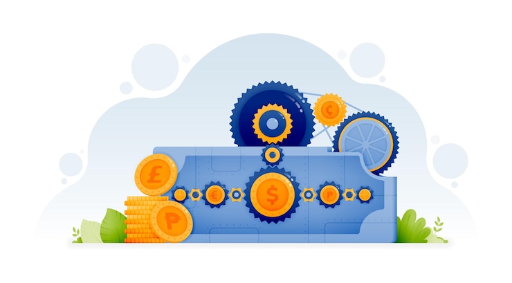 Vector diseño vectorial de dinero con equipo en metáfora de fábrica de mecanismo en inversión financiera y sistema bancario la ilustración puede ser para página de inicio sitio web cartel web banner aplicación móvil anuncios en redes sociales