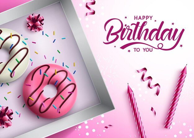 Diseño vectorial de donas de cumpleaños. feliz cumpleaños a tu texto en fondo rosa.