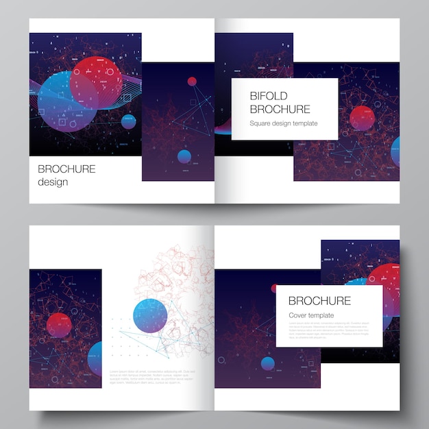 Diseño vectorial de dos plantillas de portadas para folleto plegable cuadrado, volante, revista, diseño de portada, diseño de libro. Inteligencia artificial, visualización de big data. Concepto de tecnología informática cuántica.