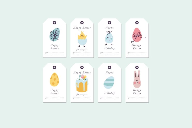 Diseño vectorial Elementos de saludos de Pascua feliz sobre fondo blanco Etiquetas de vacaciones de primavera con tipografía e icono colorido