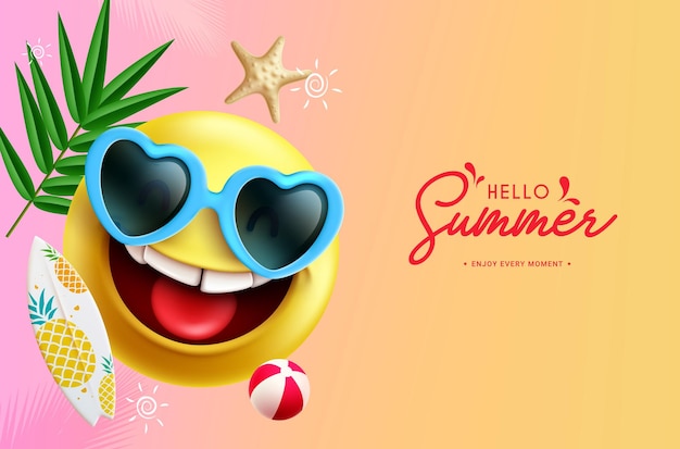 Diseño vectorial de emojis de salud de verano Texto de salud de saludo de verano con emoji amarillo con cara sonriente