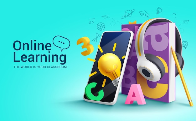 Diseño vectorial escolar de aprendizaje en línea De vuelta a la escuela Educación de aprendizaje en Internet con teléfono móvil