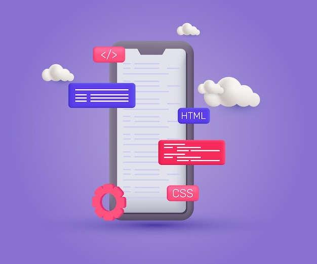 Diseño vectorial de estilo de desarrollo web de programación de sitios web 3D realistas para teléfonos inteligentes